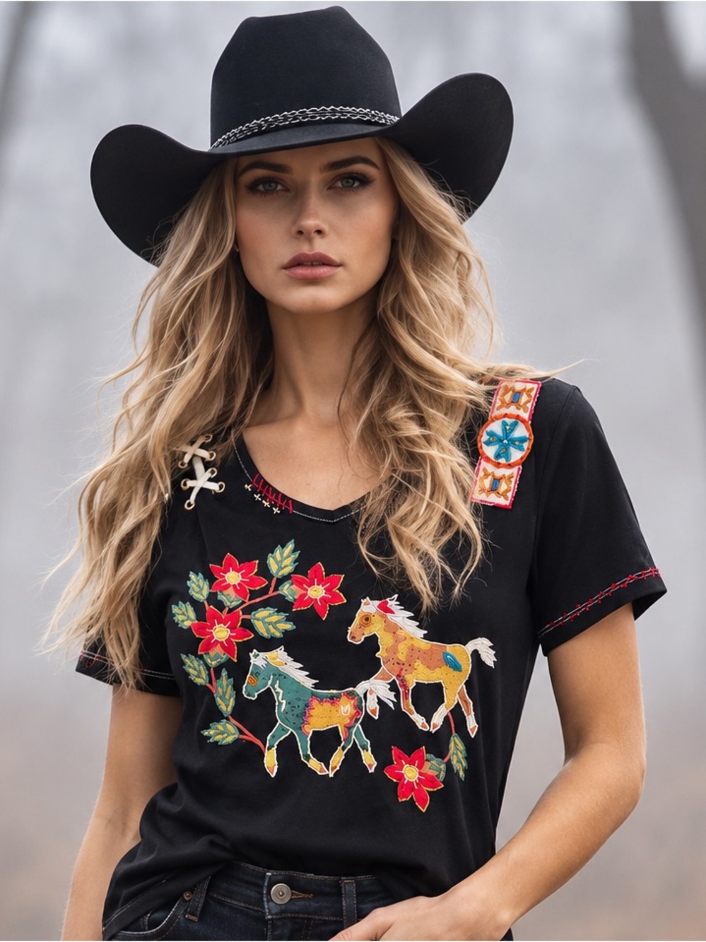 Double D Ranch Elevated Cowgirl Embroidered Horse Western Folk Art Rustic Luxe